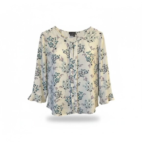 Van Heusen Womens Floral Long Sleeve Blouse Size L Cream & Blue - Picture 4 of 7